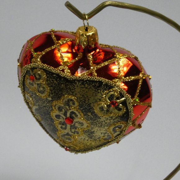 POLISH GALLERY ROYAL RED HEART Christmas Ornament Mouth Blown Glass 4 inch - Picture 3 of 6